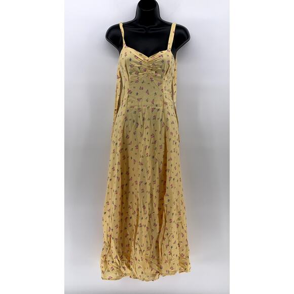 BARDOT Women's Yellow Floral Tie-Sleeve Sweetheart Side-Slit Midi Dress SZ 8 - Picture 1 of 11